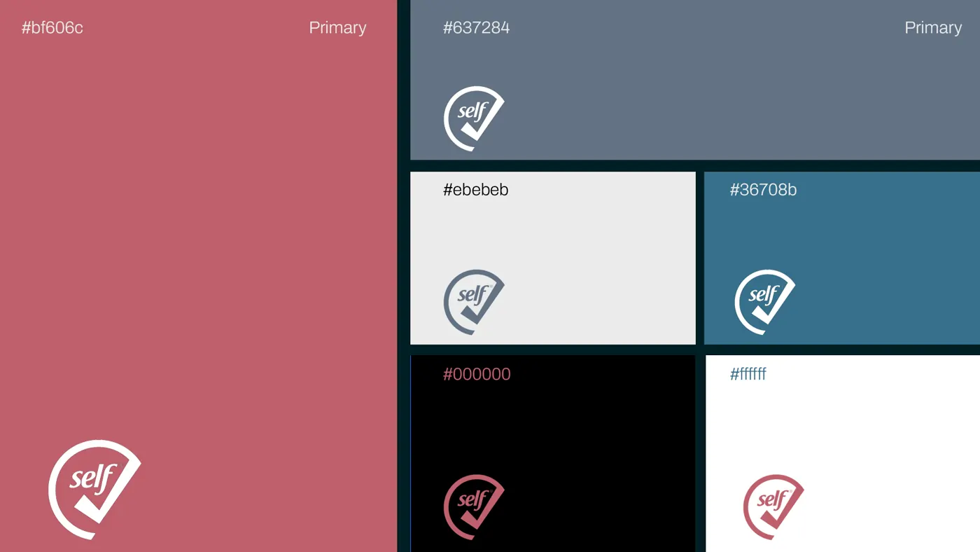 SelfCheck color palette: rose #bf606c, slate #637284, teal #36708b, light gray #ebebeb, black and white