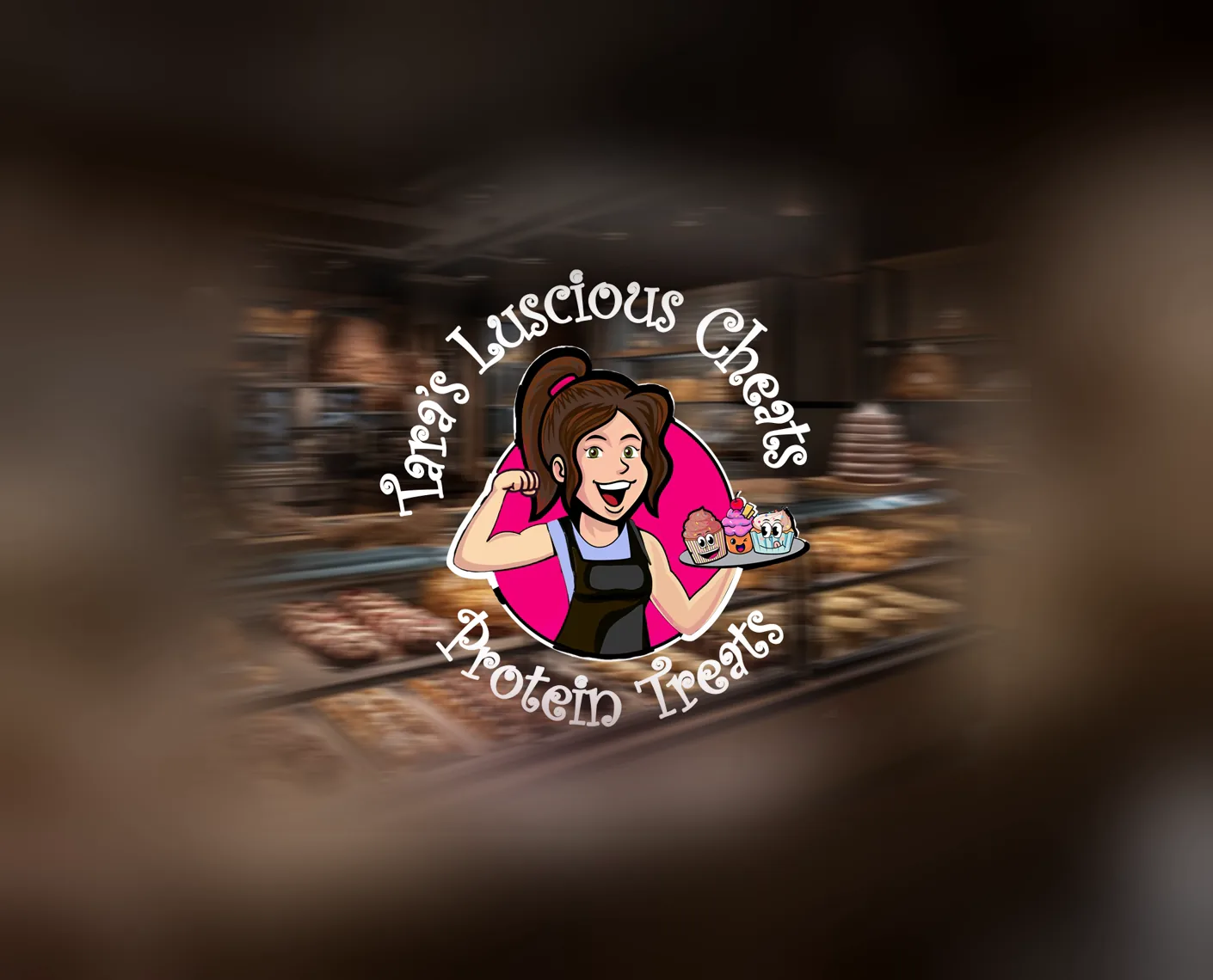 Tara's Luscious Cheats logo on a bakery storefront window