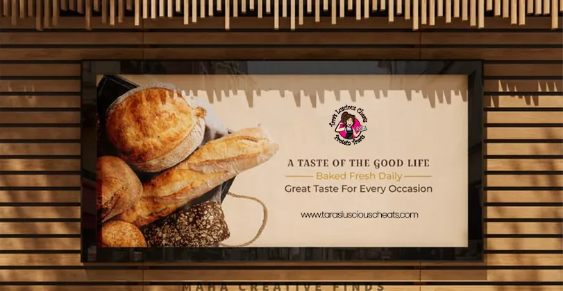Wall sign reading 'A taste of the good life' with the Tara's Luscious Cheats logo